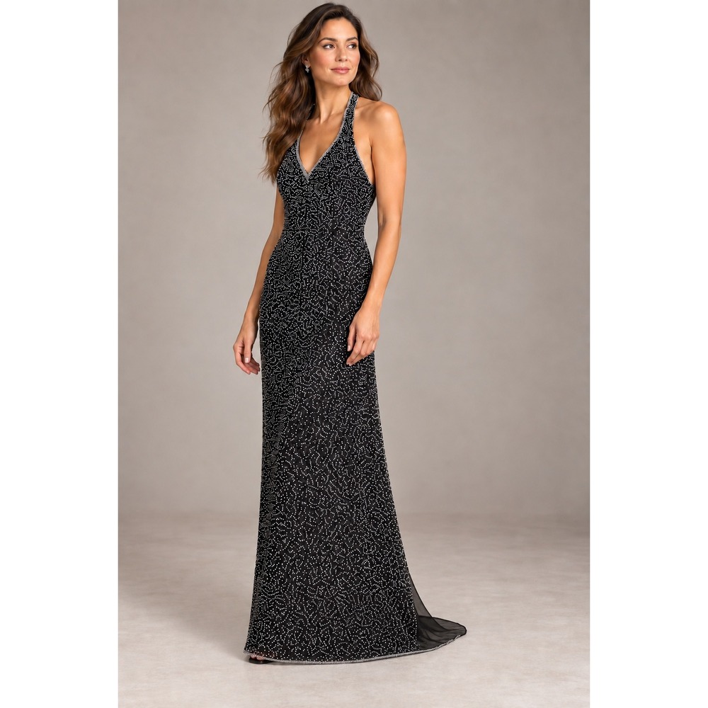 Scala Women XXL Gown Black Silk Beaded Halter Neck Open Back Maxi Dress Formal